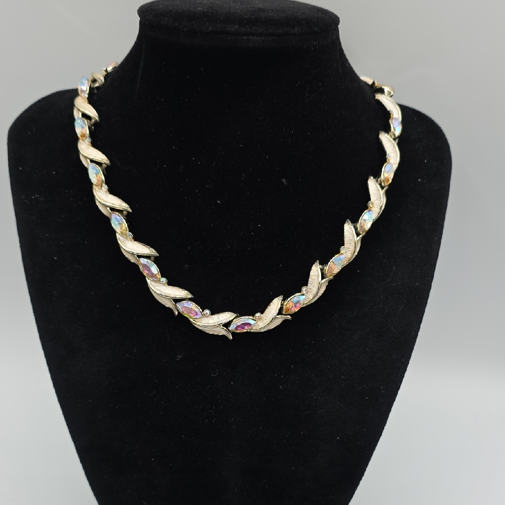 Kramer Golden Fliral Necklace with Iridescent Marquise Rhinestones